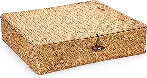 Hipiwe Flat Woven Wicker Basket Bins with Lid X-Large Natural Seagrass Storage Basket Box Multipurpose Household Basket Bins Boxes for Shelf Wardrobe Organizer, Caramel