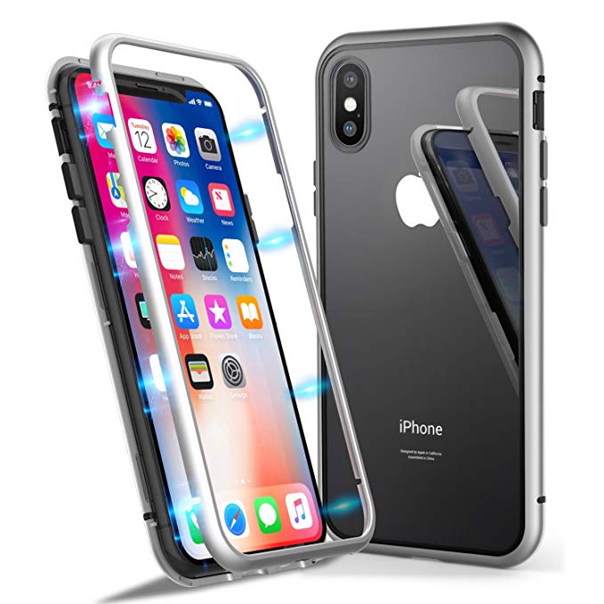 Badalink iPhone X Case, iPhone Xs Case Luxury Magnetic Cover [Hollow Metal Frame]   [Tempered Glass Back] Ultra Slim Skin Anti-Scratch Bumper Support Wireless Charging for iPhone X/Xs - Silver