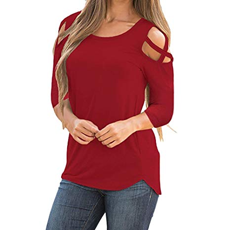 Women Casual Tops 3/4 Sleeve Solid Cold Shoulder Strappy Shirts Blouse Pullover