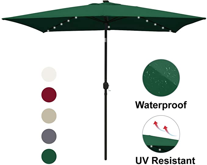 ABCCANOPY Rectangular Patio Umbrella Solar Powered Outdoor Umbrellas Market Table Umbrella with 26 LED Lights, Tilt and Crank for Patio Deck and Pool, 6.6 by 9.8 Ft Forest Green