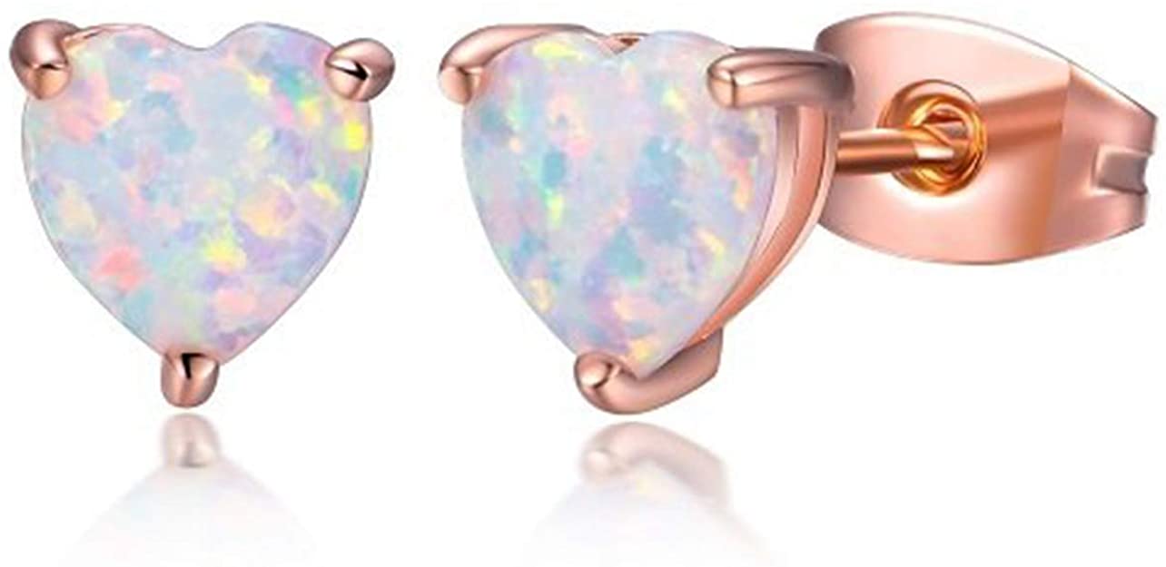 Heart Earrings 18K White Gold/Rose Gold Plated Opal Stud Earrings for Women Girls Hypoallergenic Birthstone Jewelry with Sensitive Ears