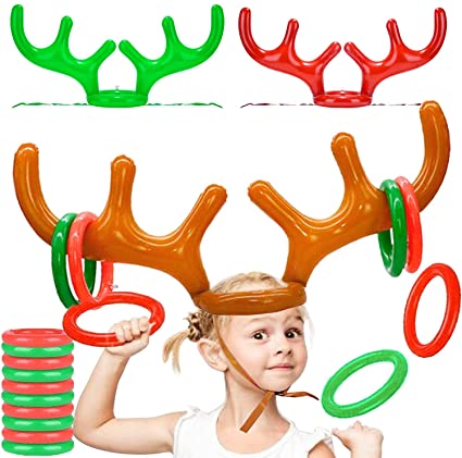 2 Pack Christmas Inflatable Reindeer Antler Ring Toss Game Party Supplies Christmas Party Games Party Favors Headband Inflatable Toys for Kids Family School Holiday Party (2 Antlers, 8 Rings)
