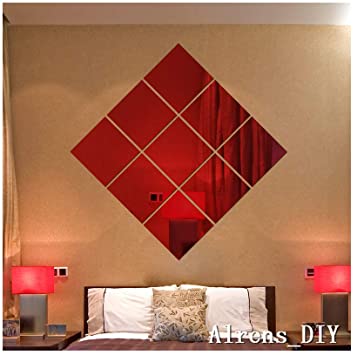 Alrens_DIY(TM)16 x 16CM 9 pcs Squares DIY Mirror Effect Reflective 3D Wall Stickers Home Decoration Living Room Bedroom Bathroom Decor Mural Decal adesivo de Parede Removable Design Art (Red)