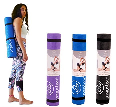 Yogalov Non-Slip Yoga Mat With Strap 1/4 Inch Thick Dual-Texture Sides Grip Eco Friendly for Fitness Pilates Workouts 6mm Sticky Mat