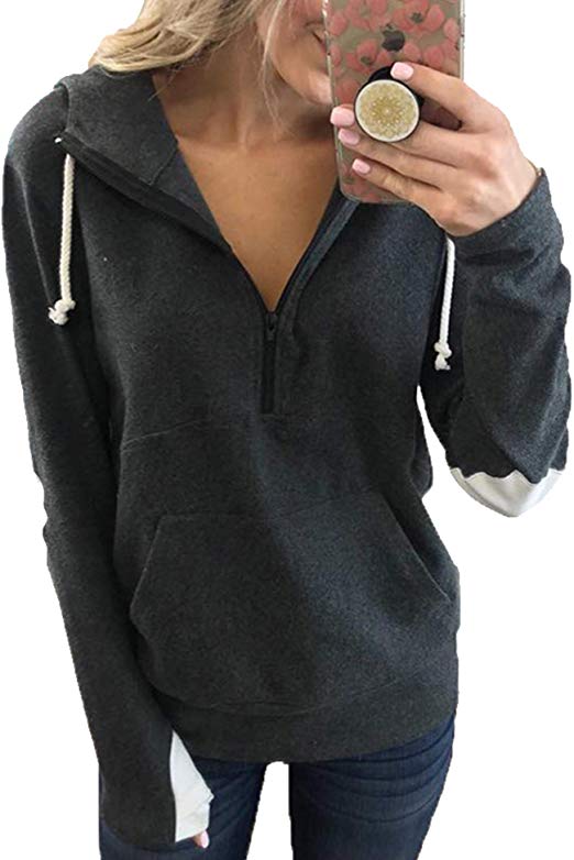 Murimia Women's Casual Heart Elbow Zipper Long Sleeve Hoodies Pullover Sweatshirts with Pockets