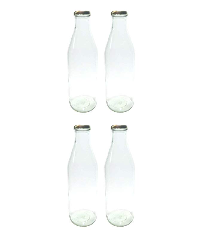 Favola Milk, Water And Juice Glass Bottle With Air Tight Cap - 1000 Ml (Set Of 4) - Transparent - Cfavcolbot081