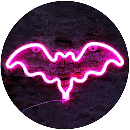 LED Neon Bat Lights, Bat Shape Neon Signs Night Lights Battery Operated Desk Table Lamp for Bedroom, Bar, Wall, Halloween Decor-Bat with Holder Base(Pink)