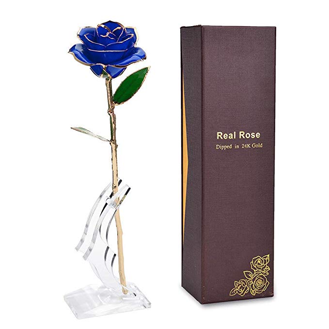 LOVAC Gold Dipped Rose, 24k Gold Eternity Rose with Transparent Stand Representing Immortal Love,Best Gift for Valentines Day, Mothers Day,Birthday Gift (Blue)