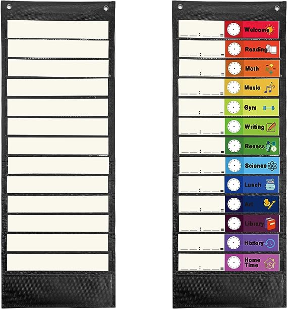 Youngever Classroom Pocket Chart,13 1 Pocket, Daily Schedule Pocket Chart, 29 Double-Sided Reusable Dry-Erase Cards (16 Color 13 Blank) Educational Charts for Classroom Office Home Preschool Activity