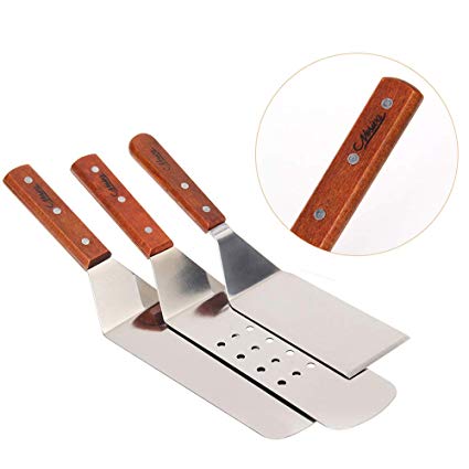 Stainless Steel Spatula Set - Nosiva Cooking Utensils Kit, Smooth Cooking Spatula, Metal Perforated Spatulas, Turner and Scraper with Wooden Handles for Teppanyaki Outdoor Grills Griddle