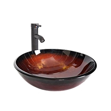 Elecwish, Bathroom Lavatory Vessel Sink, Artistic Modern Round Tempered Glass Basin, Oil Rubbed Bronze Faucet, Pop-up Drain Combo
