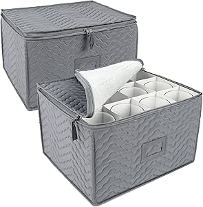 LotFancy Stemware Storage Containers, 2-Pack, Deluxe Quilted Storage Case with Dividers for 24 - Wine Glasses, Champagne Flutes, Glassware, Drinkware Storage Box Chest, 15.5”x12.5”x 10”, Gray