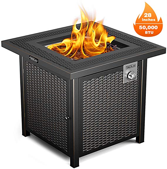 Propane Fire Pit Table, TACKLIFE Outdoor Companion, 28 Inch 50,000 BTU Auto-Ignition Gas Fire Pit Table with Cover, CSA Certification and Strong Striped Steel Surface, Table in Summer, Stove in Winter