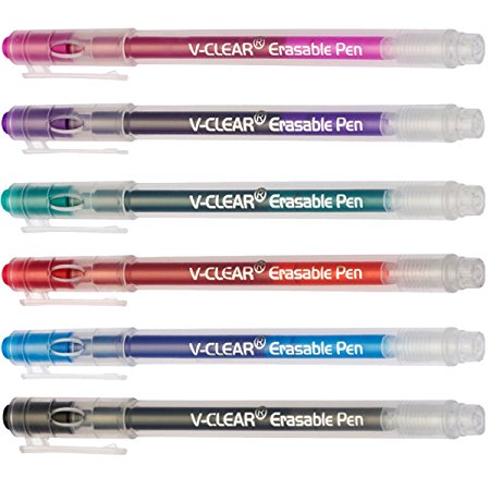 V-CLEAR Erasable Gel Ink Pens, Extra Fine Point 0.5mm, 6 Color Set, Friction Ballpoint Pen