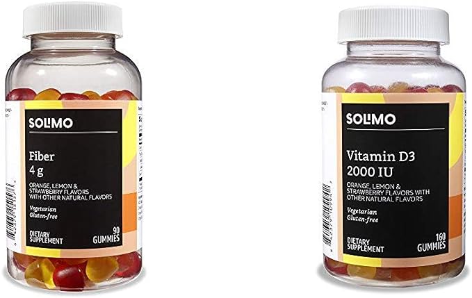 Amazon Brand - Solimo Fiber 4g, 90 Gummies (2 Gummies per Serving) & Solimo Vitamin D3 2000 IU, 160 Gummies (2 Gummies per Serving)