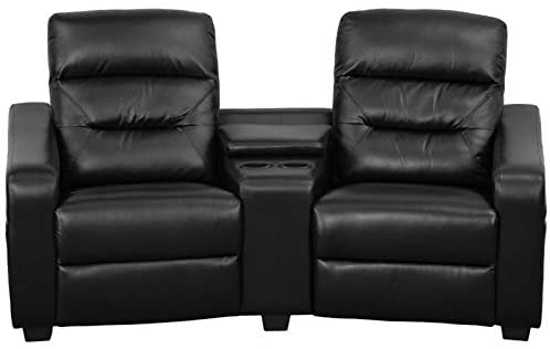 Pemberly Row 2 Seat Leather Reclining Home Theater Seating with Pillow Back, Storage Console and Cup Holder in Black