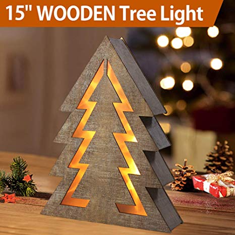 Bright Zeal 15" Lighted Wooden Christmas Tree Light - Indoor Table Top Wooden Christmas Tree Tabletop Centerpieces for Dining Room - Rustic Christmas Tabletop Tree Decor - Wooden Christmas Signs