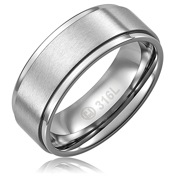 8MM Men's Jewelry Grade Stainless Steel Ring Wedding Band | Brushed Top | Grooved Polished Edges