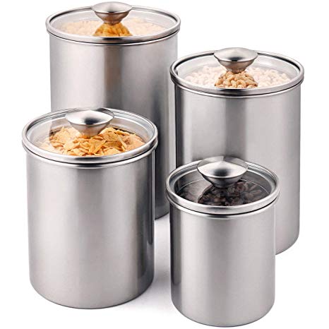 Airtight Canister Set, Deppon 4-Piece Stainless Steel Food Storage Container with Tempered Glass Lids for Kitchen Counter Coffee Tea Nuts Sugar Flour