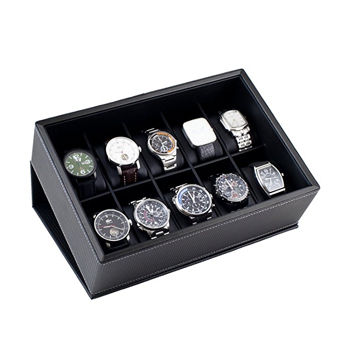 Caddy Bay Collection Watch Case Display Box Holds 10 Large Watches with Black Carbon Fiber Pattern Exterior and Jet Black Trim