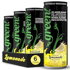 Green Lemonade - No added Sugar, 6% Real Lemon Juice, 10 Calories per can, Naturally Sweetened with 100% Stevia Leaf Extract, Carbonated Soda, 12 Fl Oz each can - Pack of 6