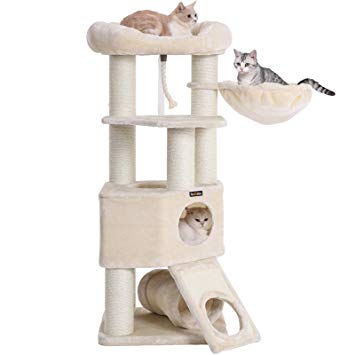 FEANDREA Cat Tree, Large Cat Tower with Fluffy Plush Perch, Cat Condo with Basket Lounger and Cuddle Cave, Extra Thick Posts Completely Wrapped in White Sisal