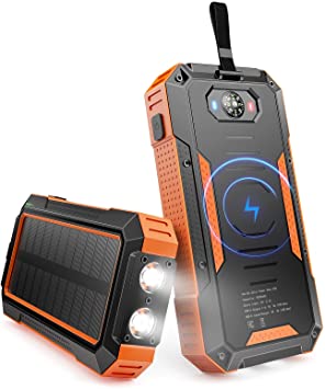 NexiGo Solar Power Bank 30000 mAh, Wireless Solar Charger with 6 Outputs (Max 15W) & Inputs, IP65 Waterproof, Built-in LED Flashlight, Compass Backup Battery Pack for Outdoor Activities