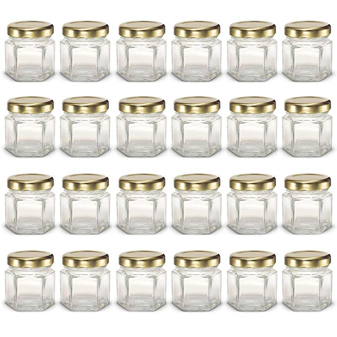 1.5 oz Hexagon Mini Glass Jars with GOLD Lids and Labels (Pack of 24)