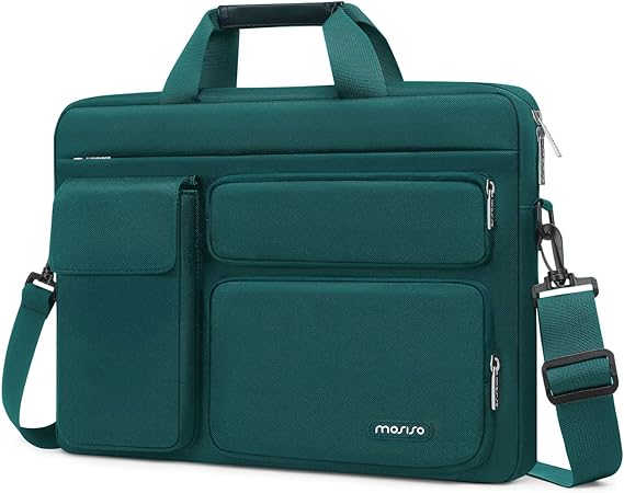 MOSISO Laptop Shoulder Messenger Bag Compatible with MacBook Air 15 inch M2 A2941 2023/Pro 16 2023-2019, 15-15.6 inch Notebook with 2 Raised&1 Flapover&1 Horizontal Pocket&Handle&Belt, Teal Green