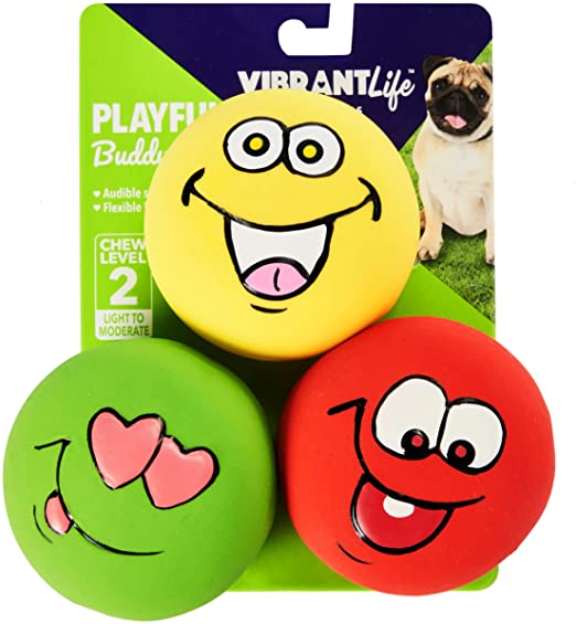 Vibrant Life Playful Buddy Emoticon Durable Rubber Latex Dog Chew Toy with Audible Squeaky Sound, Medium, 3 Count
