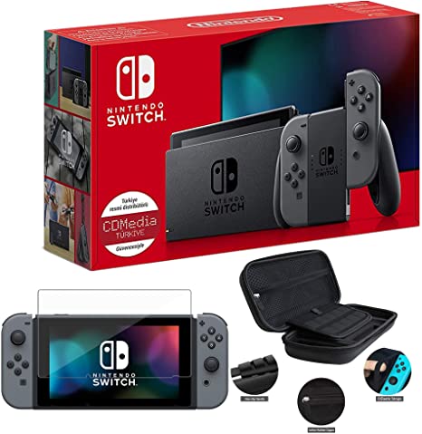 Newest Nintendo Switch with Gray Joy-Con - 6.2" Touchscreen LCD Display, 802.11AC WiFi, Bluetooth 4.1, 32GB of Internal Storage - Family Christmas Holiday Bundle - Gray - iPuzzle 3-in-1 Carrying Case