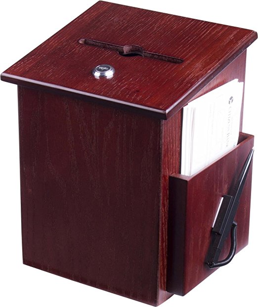 Wood Suggestion Box, Ballot Box with Pocket, Locking Hinged Lid and Pen for Wall or Countertop - Red Mahogany (Ballots Not Included)