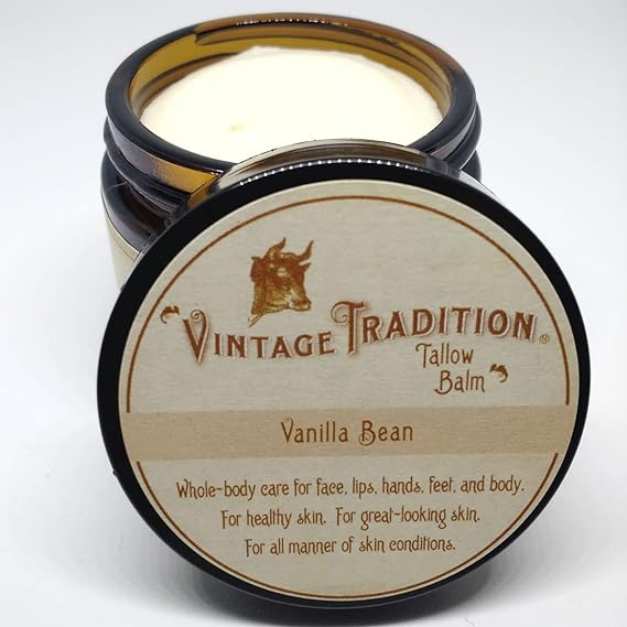 Vintage Tradition Beef Tallow All Purpose Balm – Healing, Hydrating Mild Vanilla Skin Care Salve Replaces Body Lotion, Hand Cream, More – Essential Oil, Olive Oil, and Grass-Fed Tallow, 2 fl. oz.