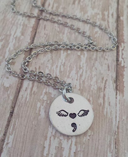 Heart Semicolon Necklace with Angel Wings, Depression Mental Health Support Awareness Jewelry