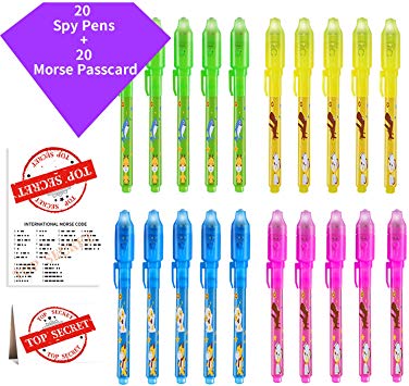 HWG Invisible Ink Pen 20 Pcs Secret Spy Pen with UV Light  20 Morse Cards- Perfect Favor for Spy Parties and Kids Goodies Bags Toy