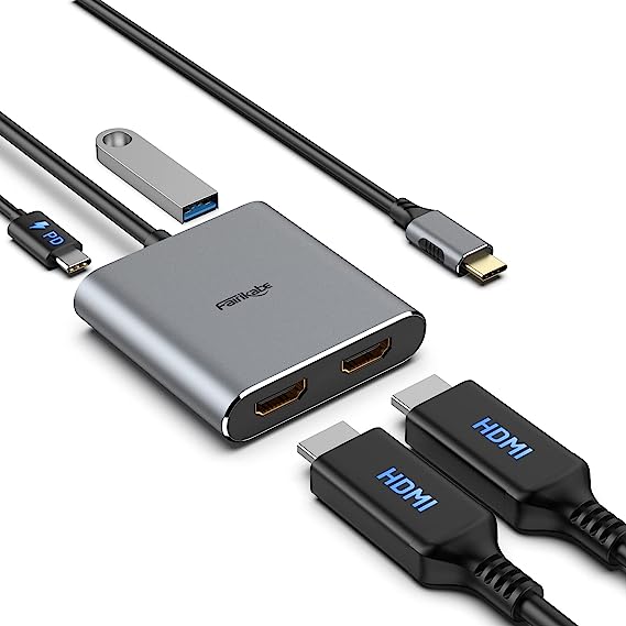 fairikabe USB C to Dual HDMI Adapter 4K@60Hz, 4 in 1 USB C to HDMI Adapter with 100W PD Charging, Type C to HDMI Converter with 2 HDMI, PD, USB, USB C Hub Extended Display Compatible Thunderbolt 3