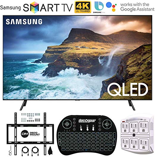 Samsung QN65Q70RA 65" Q70 QLED Smart 4K UHD TV with 1 Year Warranty (2019 Model)(Renewed) Flat Wall Mount Bundle with Deco Gear 2.4GHz Wireless Keyboard Smart Remote and 6-Outlet Surge Protector