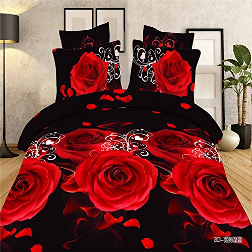 Queen Size 3d Flower Red Rose Black Skin Print Bedding Sets, 100% Cotton, include 4pcs with Duvet Cover, Bed Sheet, 2*pillow Case,not Include Any Filler or Comforter