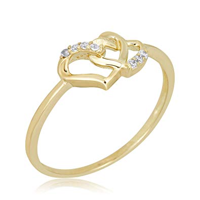 AVORA 10K Yellow Gold Double Heart Ring with Simulated Diamond CZ