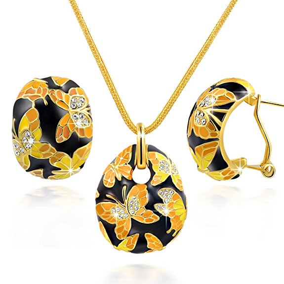 Qianse "Spring of Versailles" Handcrafted Butterfly Cloisonne Earrings Pendant Necklace Jewelry Set