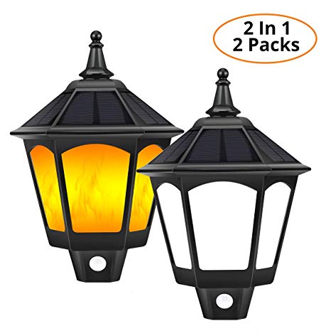 Solar Wall Lights Outdoor, B-right 2 in 1 Motion Sensor Wall Lights 6000k White Light   Dusk to Dawn Auto On/Off Warm Flickering Flames Lights for Garden Yard Pathway Front Door Patio Porch 2 Packs