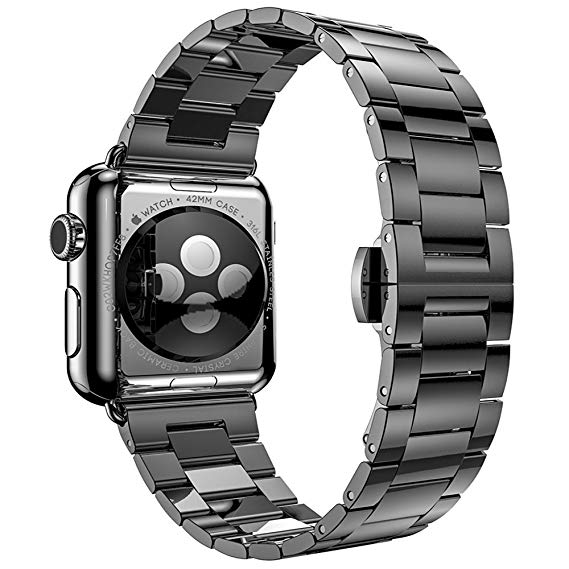 PUGO TOP Apple Watch Band 42mm 38mm for Women Men, Solid Stainless Steel Metal Replacement Classic iWatch Wristband Strap for Apple Watch Series 3 Series 2 Series 1 Sport Edition