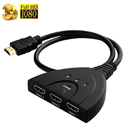 HDMI Switch 3 port, 3 In 1 Out ports Switcher with High Speed Pigtail Cable Supports 3D, 1080P, HD Audio- -Black