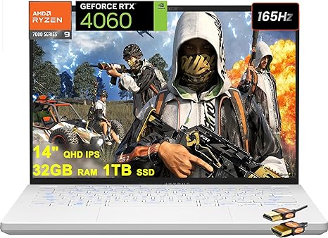 ROG Zephyrus G14 Gaming Laptop 14" QHD  165Hz 500nits AMD 8-Core Zen4 Ryzen 9 7940HS (&gt;i9-12900H) 32GB RAM 1TB SSD GeForce RTX 4060 8GB Graphic Backlit USB4 Fast Charging Win11 White   HDMI Cable