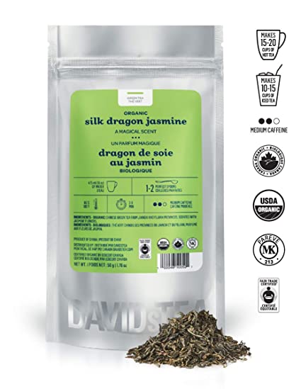 DAVIDsTEA Organic Silk Dragon Jasmine Loose Leaf Tea, Premium Relaxing Green Tea Scented with Jasmine Flowers, 2 ounces / 50 grams