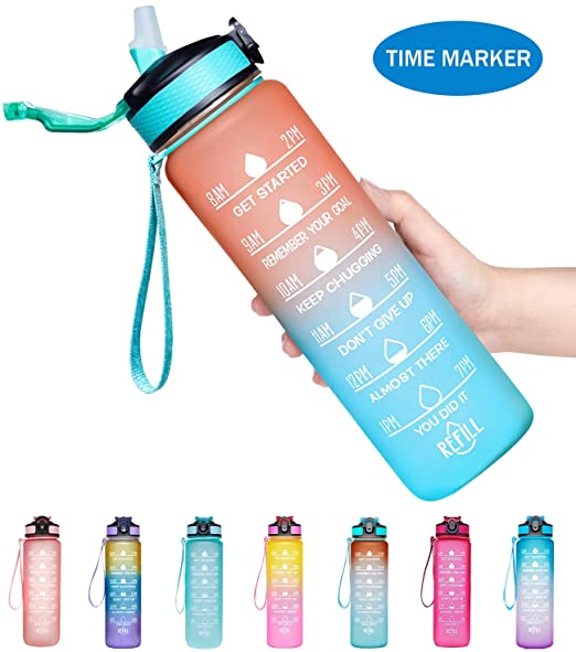 Venture Pal 32oz Motivational Fitness Sports Water Bottle with Time Marker & Straw, Large Wide Mouth Leakproof Durable BPA Free Non-Toxic