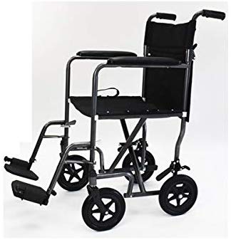The Great Steel Transport Chair with spoked wheels, padded seating, vinyl arm supports, rear wheel locking, folding, lightweight wheelchair