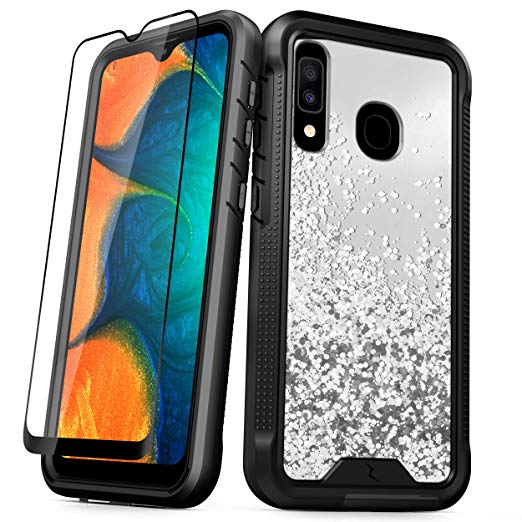 ZIZO ION Series Samsung Galaxy A20 Case| Military Grade Drop Tested with Floating Glitter Design Galaxy A50 (Silver Waterfall)