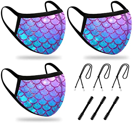 Breathable Reusable and Washable 2 Layers Face Madk 3 pcs, with Nose Bridge Wire, 3 Ear Madk Adjustable Hooks, 3 Madk Lanyard, Unisex Cute Fashionable Designer for Men Women Adult, Pink Mermaid