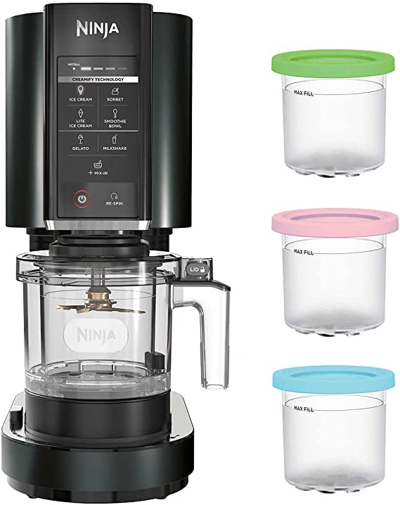 Ninja CN301CO CREAMi Ice Cream Maker, for Gelato, Mix-ins, Milkshakes, Sorbet, Smoothie Bowls & More, 7 One-Touch Programs, with (3) Pint Containers & Lids, Compact Size, Perfect for Kids, Black (Renewed)